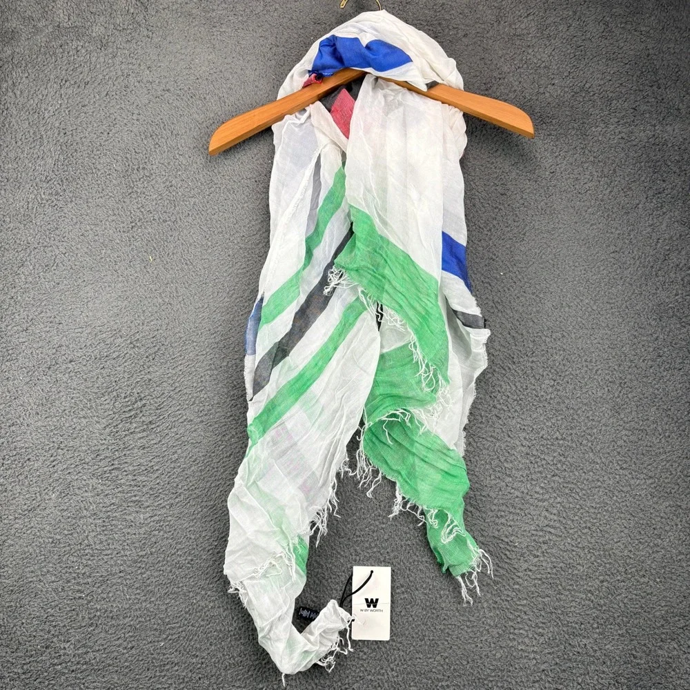 W By Worth Optic White Blue Green Stripe Oblong Scarf W171SC15W-NO Made In Italy